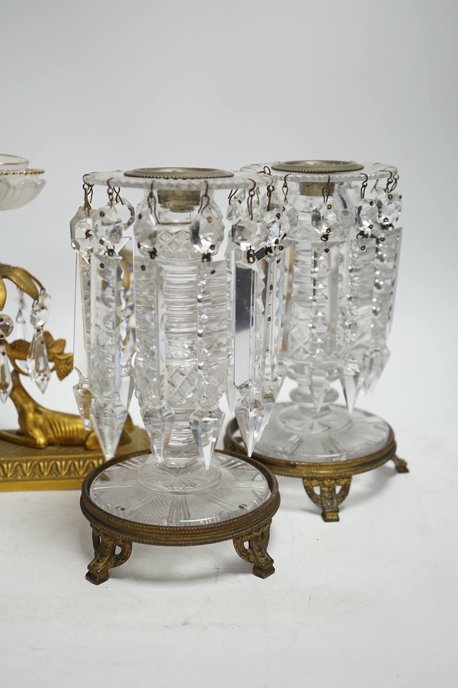 Two pairs of glass lustres, one with bronze greyhounds on rectangular bases, tallest 21cm